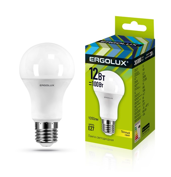 Лампа светодиодная Ergolux LED, 12W100, тип А "груша", E27, 3000К, тёплый свет, 30000ч - фото 18916