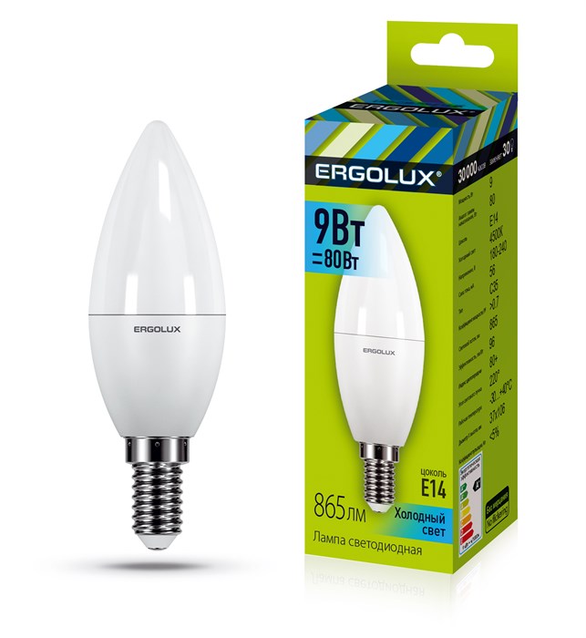 Лампа светодиодная Ergolux LED, 9W80, "свеча", E14, 4500К, холодный свет, 30000ч - фото 18918