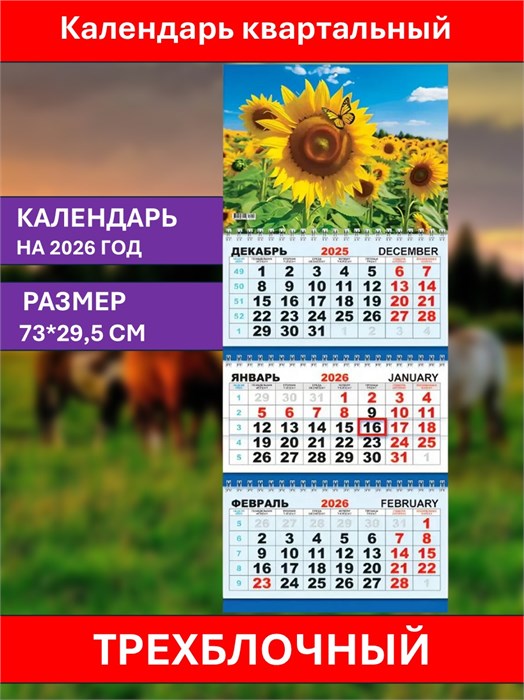 Календарь квартальный Подсолнух 2026 Лис КТ-26-252