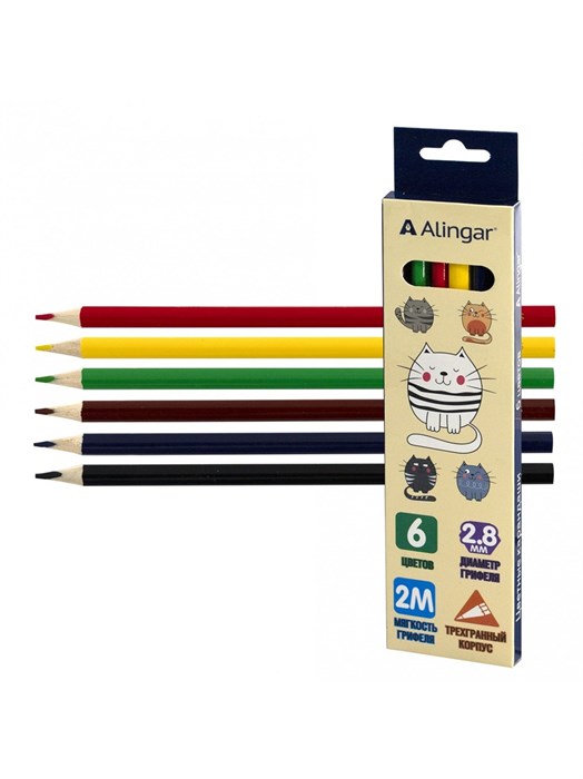Карандаши цветные 6цв трехгранные Котята Alingar AL11074-6