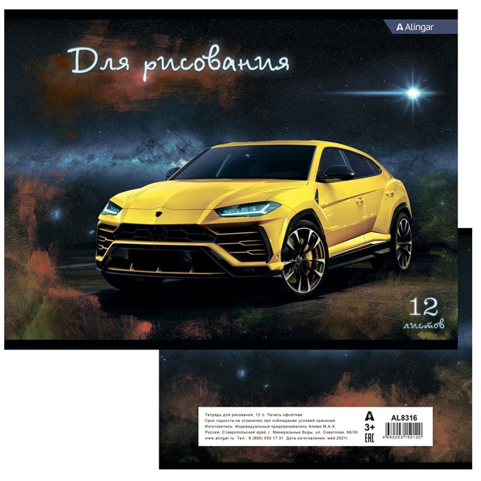 Альбом для рисования 12л А4 Яркое авто Alingar AL8316