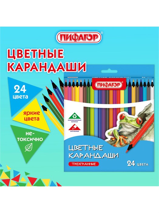 Карандаши цветные 24цв трехгранные стандарт Пифагор 182088