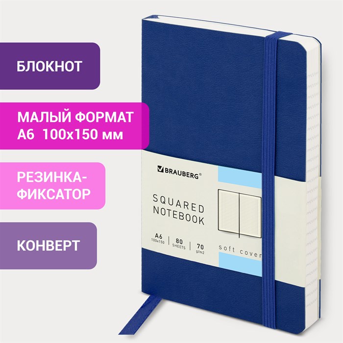 Бизнес-блокнот А6, 80л., Brauberg "Metropolis Ultra", под кожу, клетка, синий - фото 7799